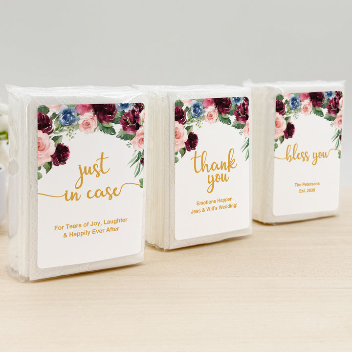 Personalized Wedding Guest Tissues, Happy Tears, Pink and Burgundy Floral, Pocket Size Tissue Packs