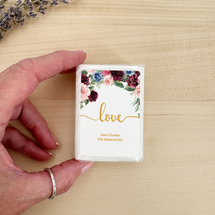 Personalized Wedding Guest Tissues, Happy Tears, Pink and Burgundy Floral, Pocket Size Tissue Packs