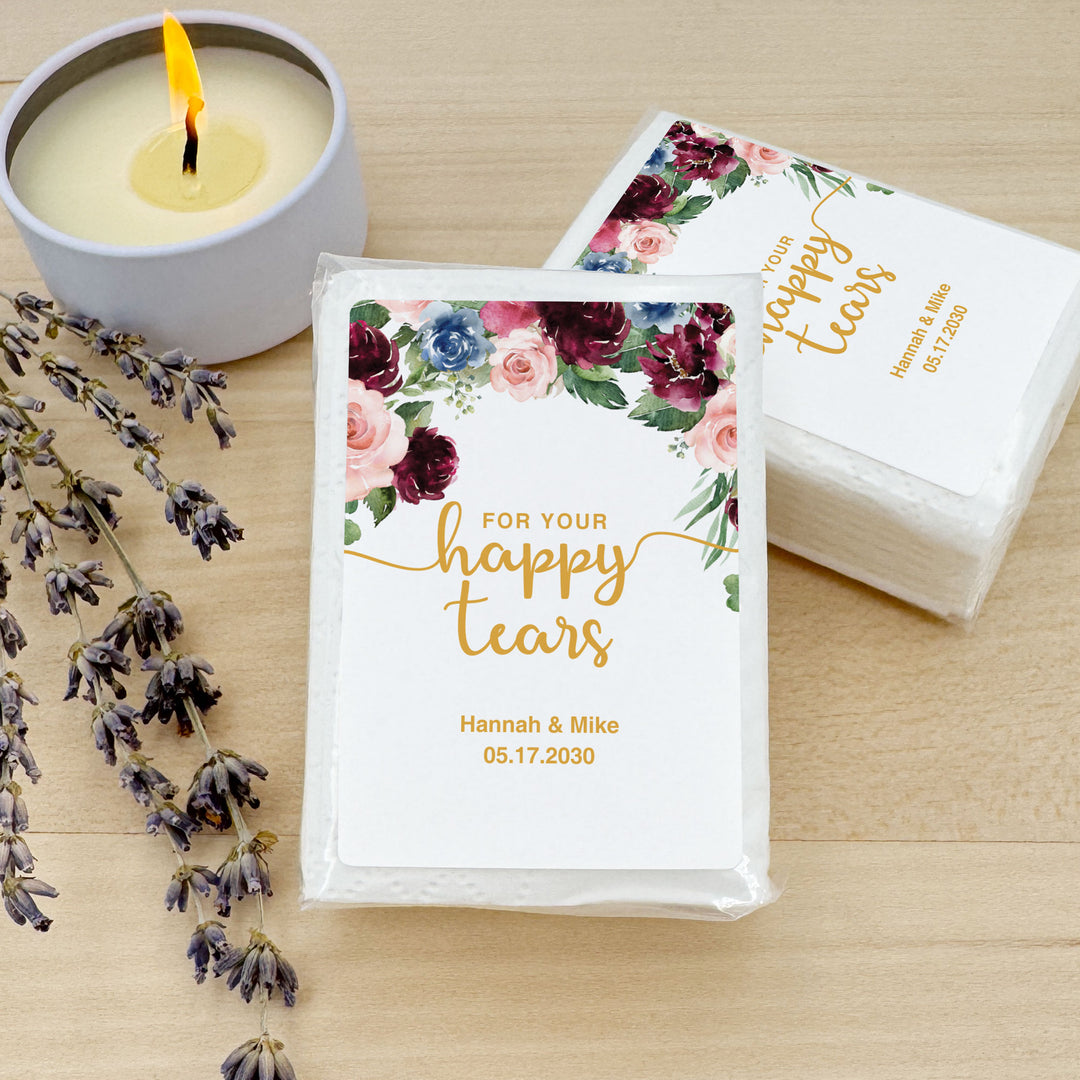 Personalized Wedding Guest Tissues, Happy Tears, Pink and Burgundy Floral, Pocket Size Tissue Packs