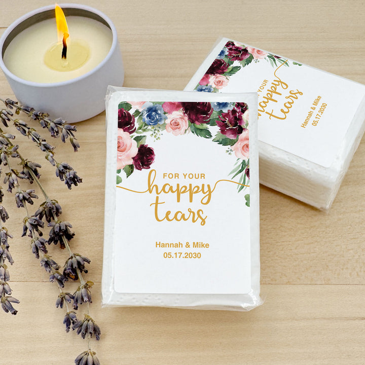 Personalized Wedding Guest Tissues, Happy Tears, Pink and Burgundy Floral, Pocket Size Tissue Packs