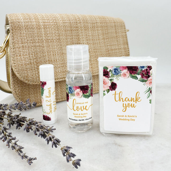 Personalized Wedding Guest Tissues, Happy Tears, Pink and Burgundy Floral, Pocket Size Tissue Packs