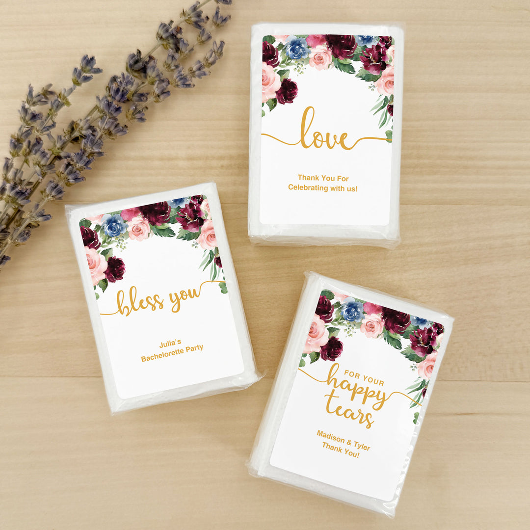 Personalized Wedding Guest Tissues, Happy Tears, Pink and Burgundy Floral, Pocket Size Tissue Packs