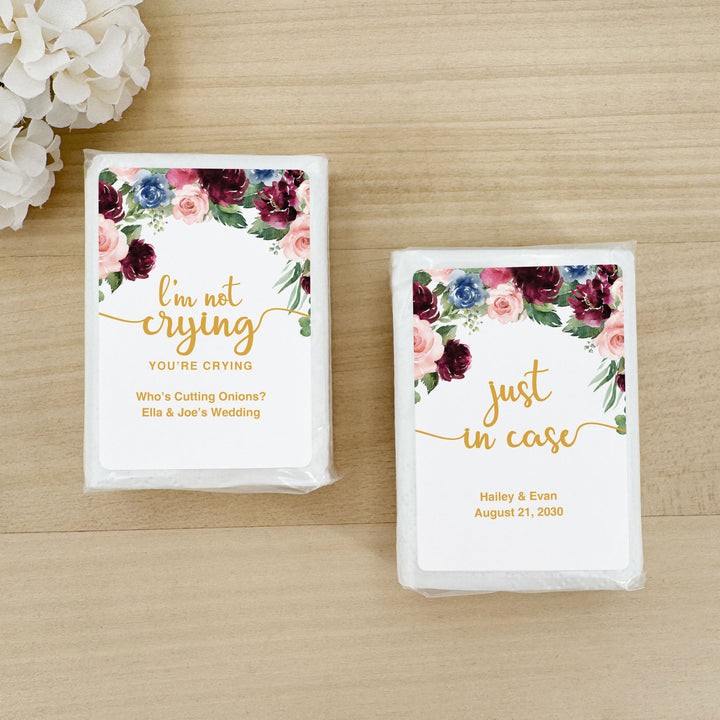 Personalized Wedding Guest Tissues, Happy Tears, Pink and Burgundy Floral, Pocket Size Tissue Packs