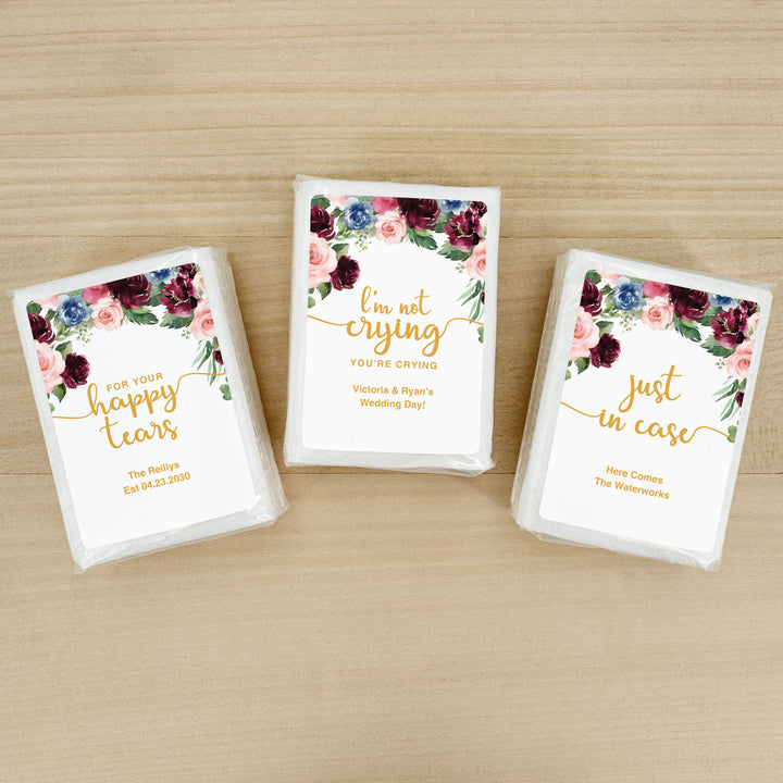 Personalized Wedding Guest Tissues, Happy Tears, Pink and Burgundy Floral, Pocket Size Tissue Packs
