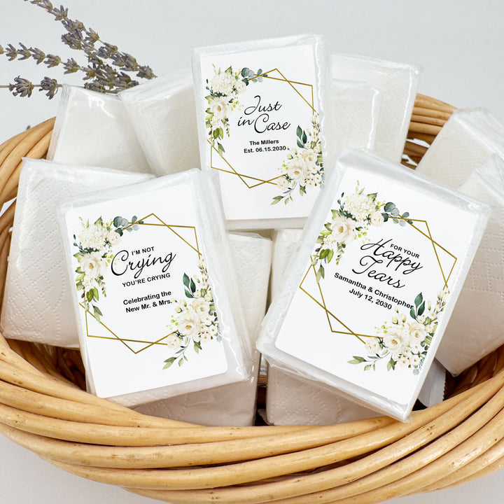 Personalized Wedding Guest Tissues, Happy Tears, White Floral with Gold Geometric Frame, Pocket Size Tissue Packs