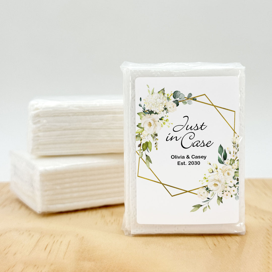 Personalized Wedding Guest Tissues, Happy Tears, White Floral with Gold Geometric Frame, Pocket Size Tissue Packs
