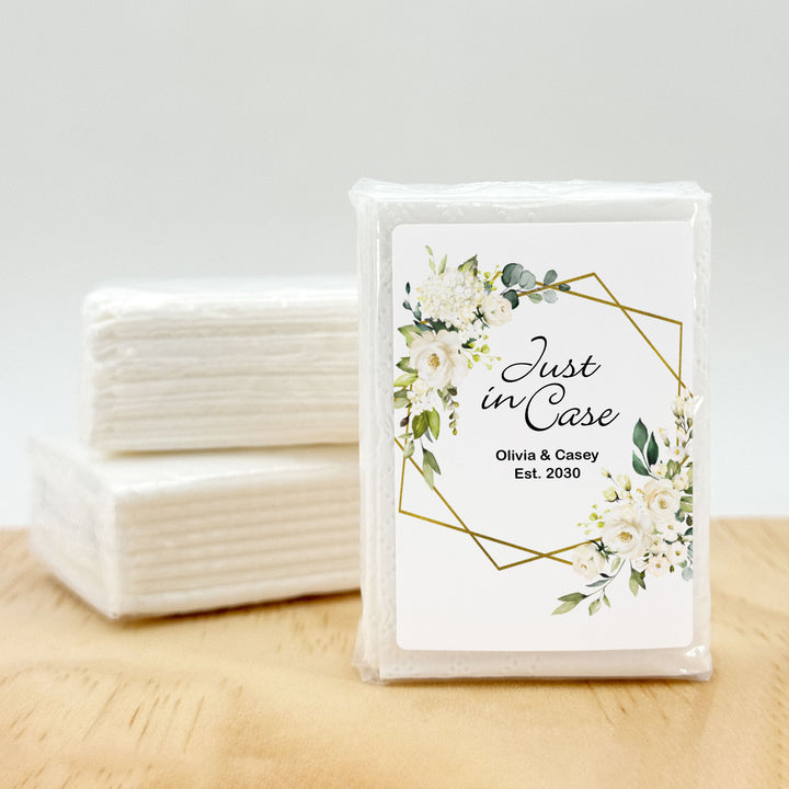 Personalized Wedding Guest Tissues, Happy Tears, White Floral with Gold Geometric Frame, Pocket Size Tissue Packs