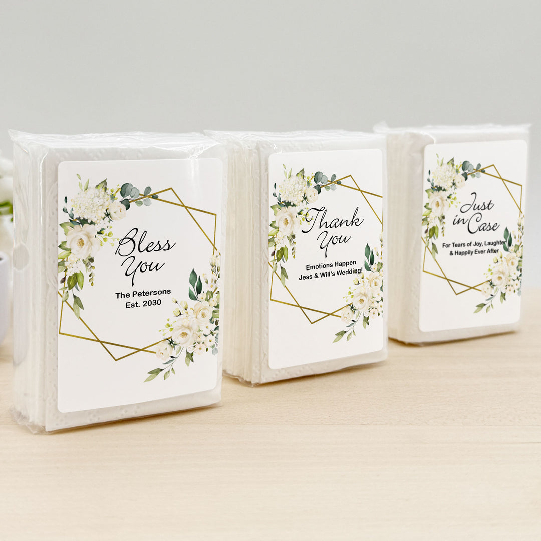 Personalized Wedding Guest Tissues, Happy Tears, White Floral with Gold Geometric Frame, Pocket Size Tissue Packs