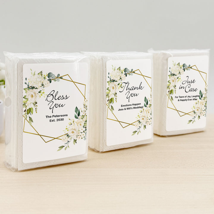 Personalized Wedding Guest Tissues, Happy Tears, White Floral with Gold Geometric Frame, Pocket Size Tissue Packs