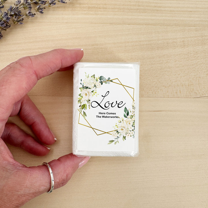 Personalized Wedding Guest Tissues, Happy Tears, White Floral with Gold Geometric Frame, Pocket Size Tissue Packs