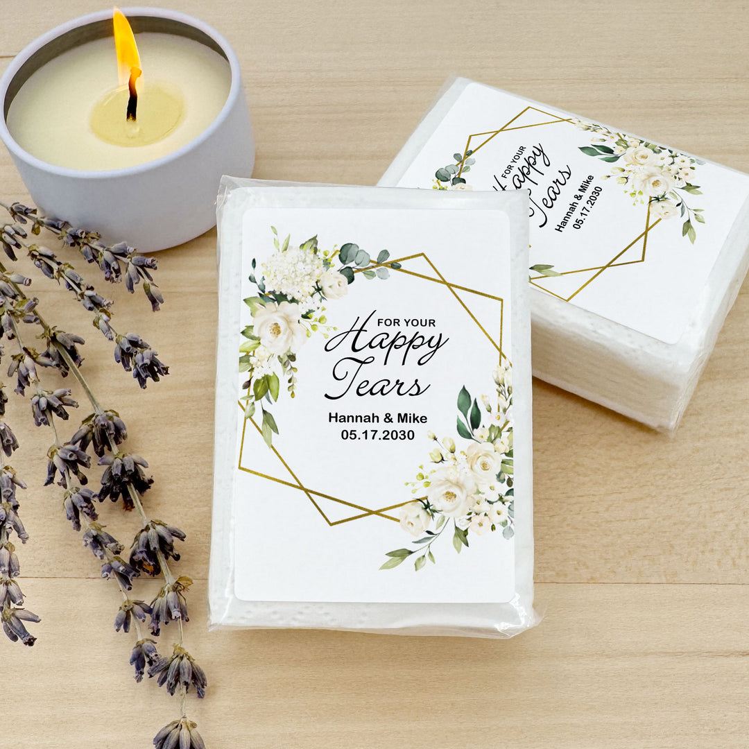 Personalized Wedding Guest Tissues, Happy Tears, White Floral with Gold Geometric Frame, Pocket Size Tissue Packs