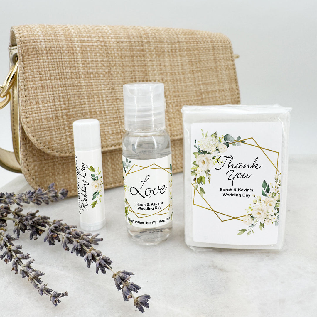 Personalized Wedding Guest Tissues, Happy Tears, White Floral with Gold Geometric Frame, Pocket Size Tissue Packs