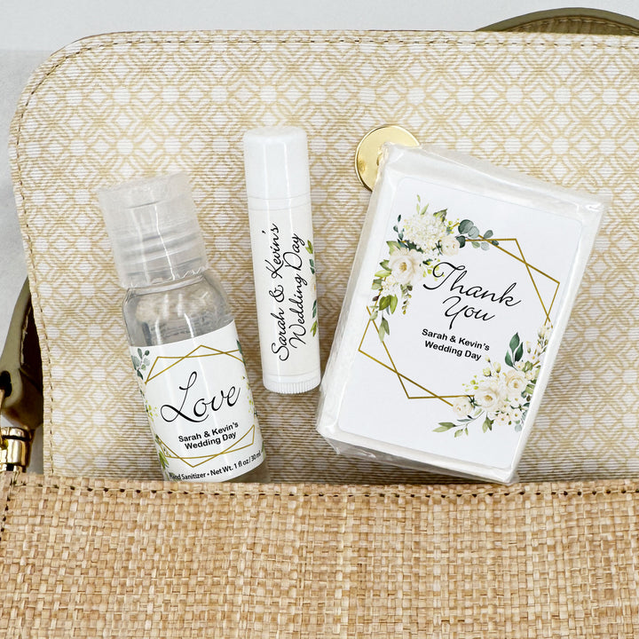 Personalized Wedding Guest Tissues, Happy Tears, White Floral with Gold Geometric Frame, Pocket Size Tissue Packs