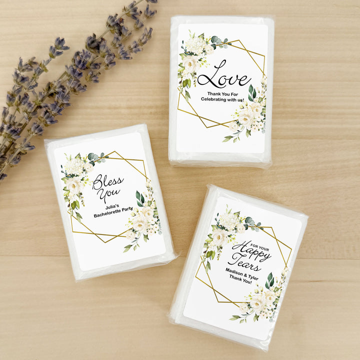 Personalized Wedding Guest Tissues, Happy Tears, White Floral with Gold Geometric Frame, Pocket Size Tissue Packs