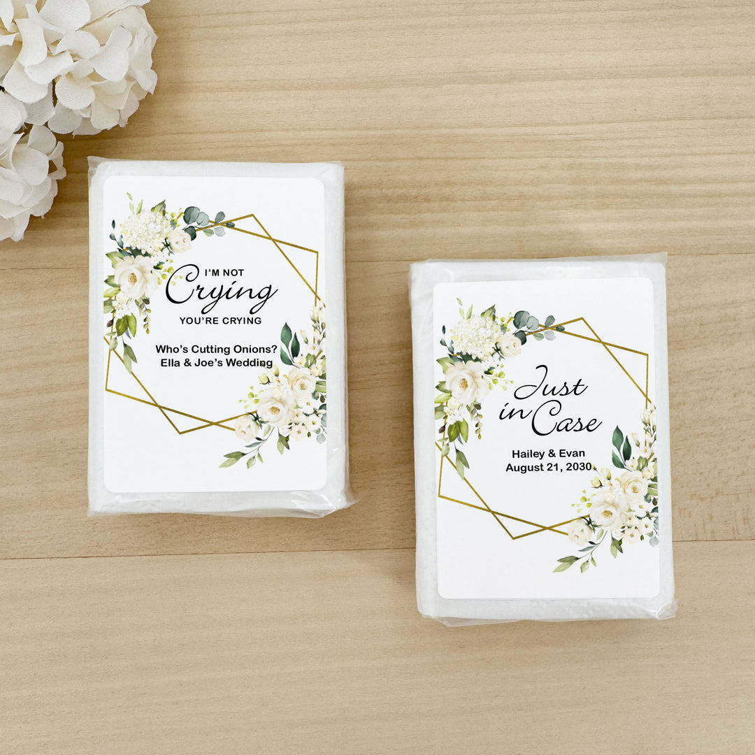 Personalized Wedding Guest Tissues, Happy Tears, White Floral with Gold Geometric Frame, Pocket Size Tissue Packs