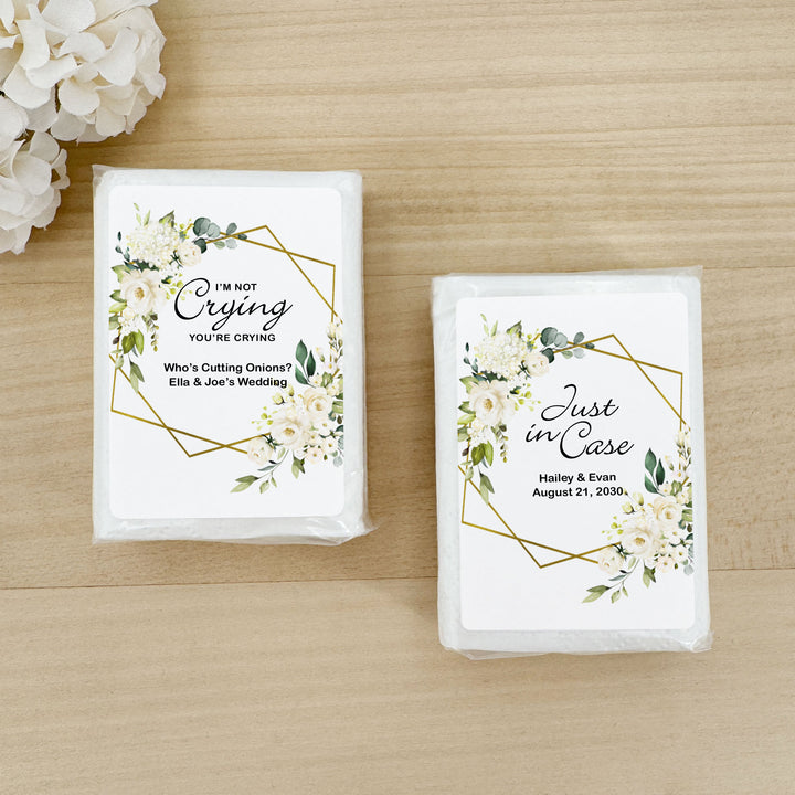 Personalized Wedding Guest Tissues, Happy Tears, White Floral with Gold Geometric Frame, Pocket Size Tissue Packs