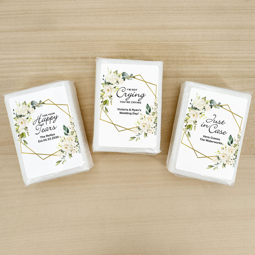 Personalized Wedding Guest Tissues, Happy Tears, White Floral with Gold Geometric Frame, Pocket Size Tissue Packs