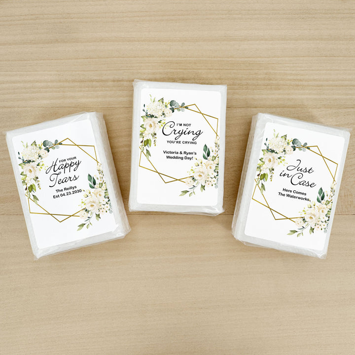 Personalized Wedding Guest Tissues, Happy Tears, White Floral with Gold Geometric Frame, Pocket Size Tissue Packs