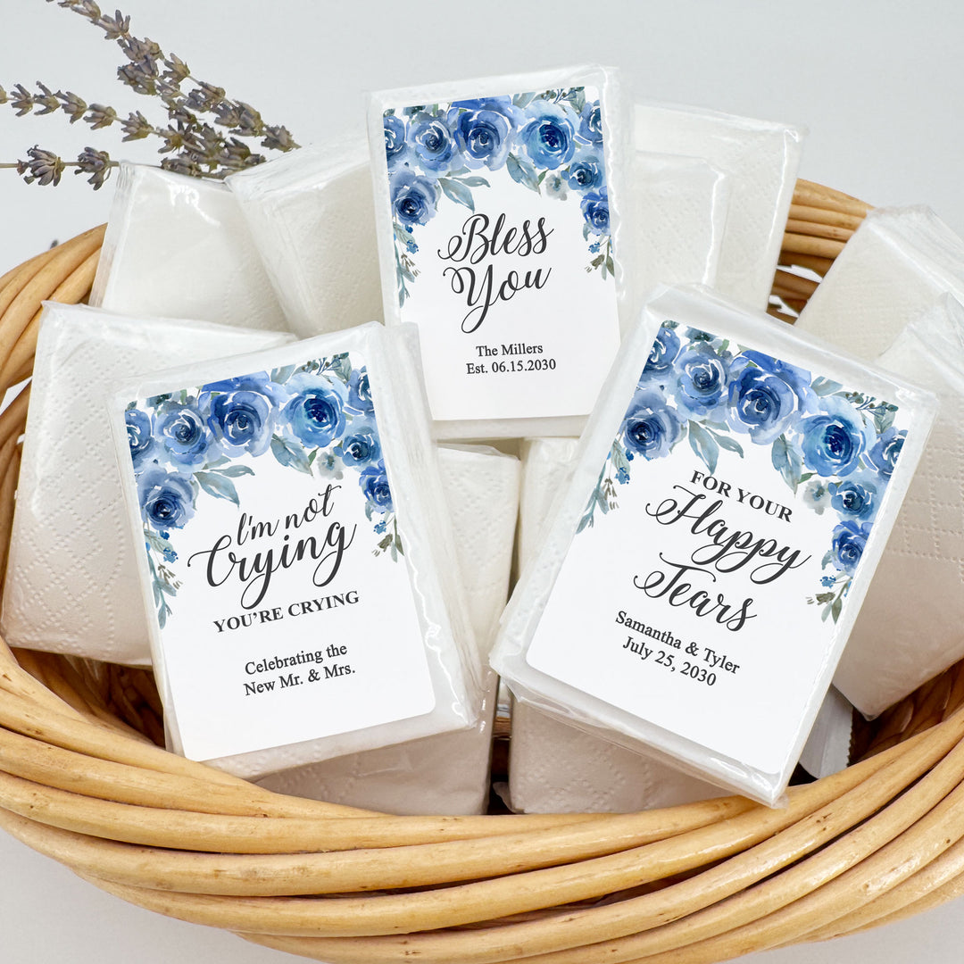 Personalized Wedding Guest Tissues, Happy Tears, Blue Floral, Pocket Size Tissue Packs