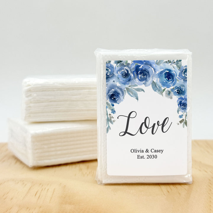 Personalized Wedding Guest Tissues, Happy Tears, Blue Floral, Pocket Size Tissue Packs