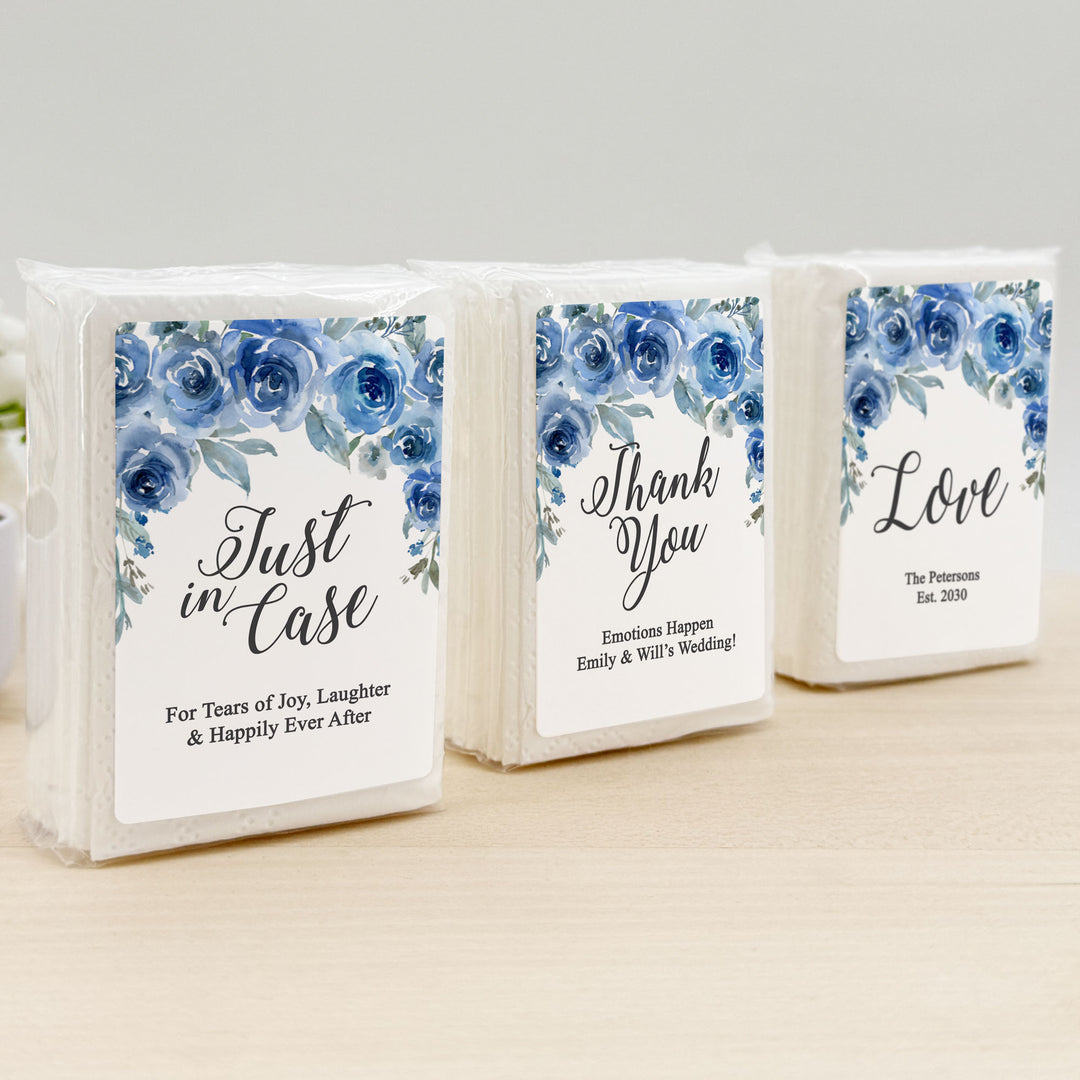 Personalized Wedding Guest Tissues, Happy Tears, Blue Floral, Pocket Size Tissue Packs