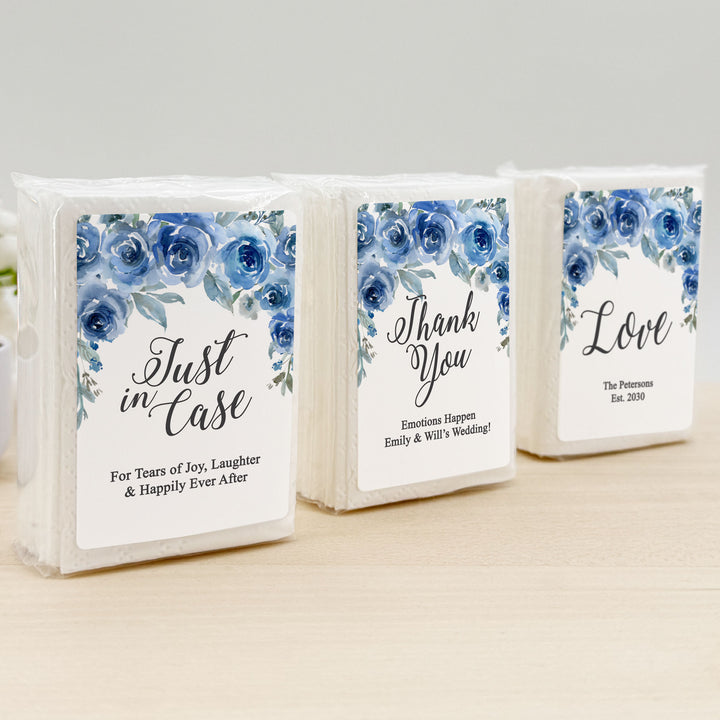 Personalized Wedding Guest Tissues, Happy Tears, Blue Floral, Pocket Size Tissue Packs
