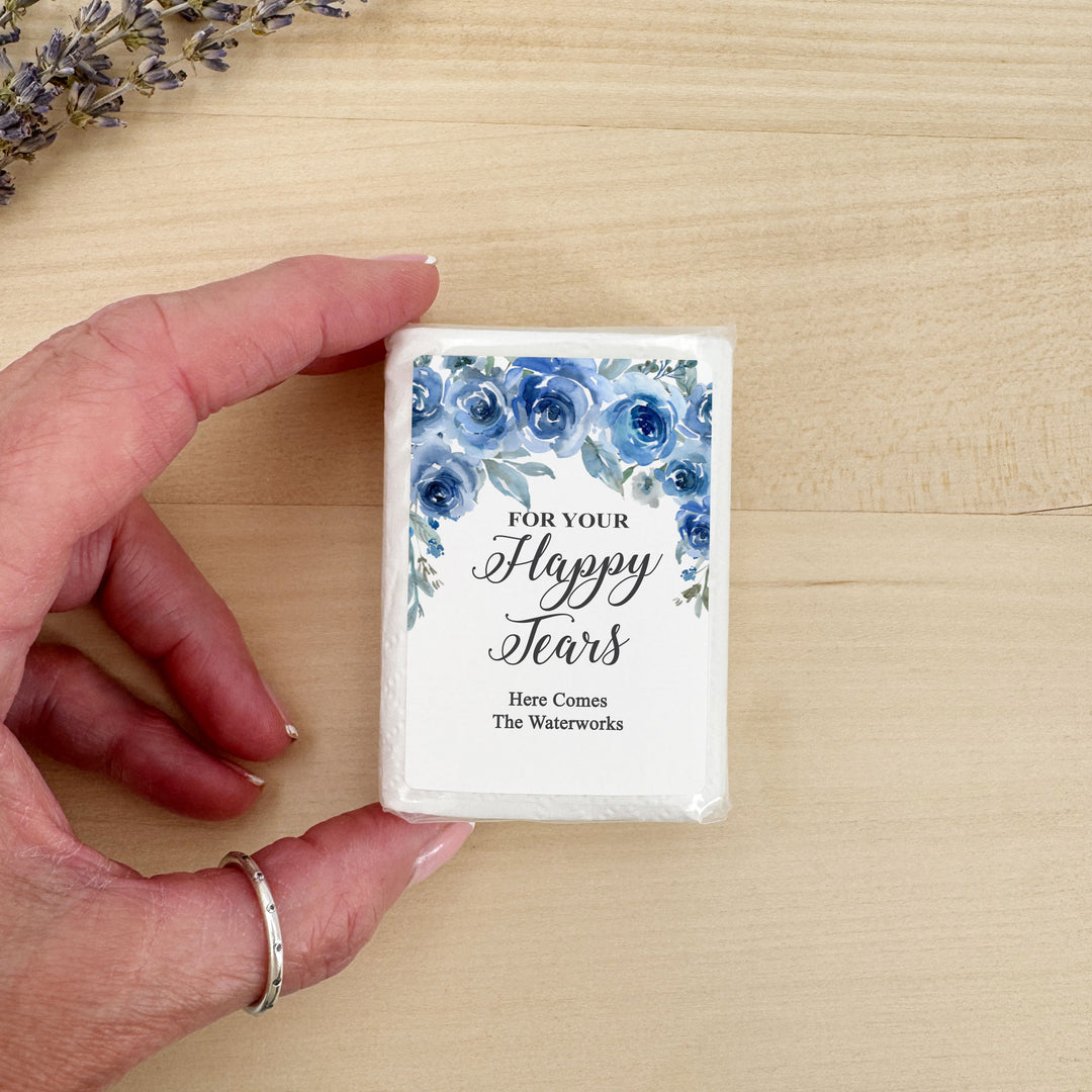 Personalized Wedding Guest Tissues, Happy Tears, Blue Floral, Pocket Size Tissue Packs