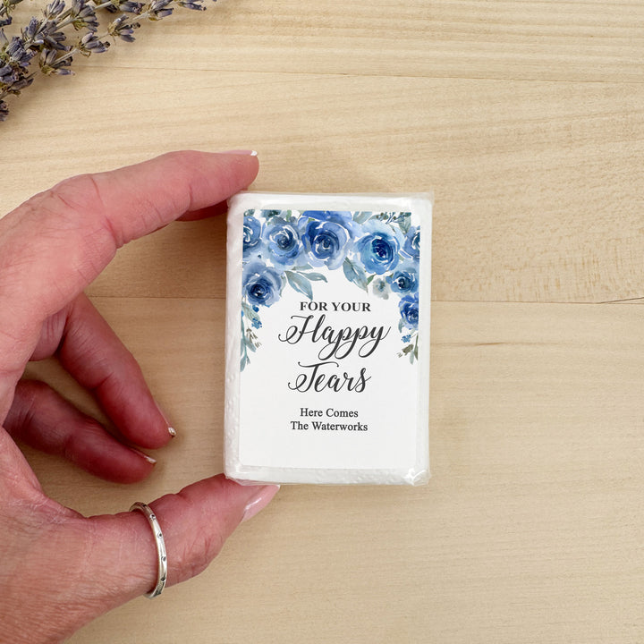 Personalized Wedding Guest Tissues, Happy Tears, Blue Floral, Pocket Size Tissue Packs