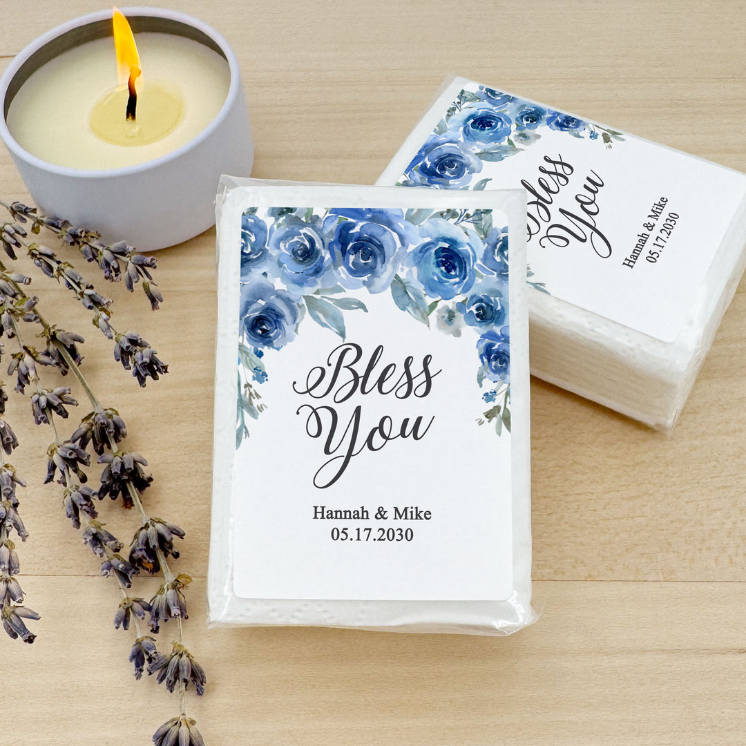 Personalized Wedding Guest Tissues, Happy Tears, Blue Floral, Pocket Size Tissue Packs