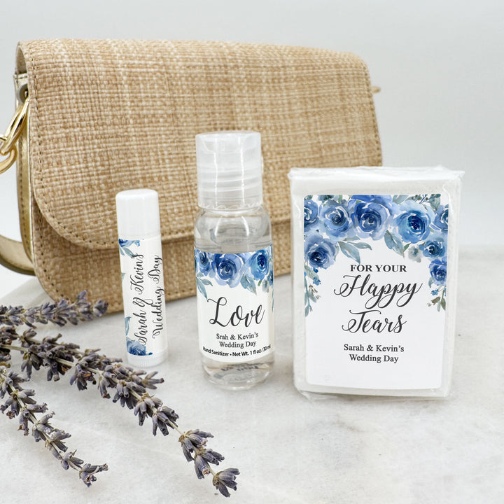 Personalized Wedding Guest Tissues, Happy Tears, Blue Floral, Pocket Size Tissue Packs