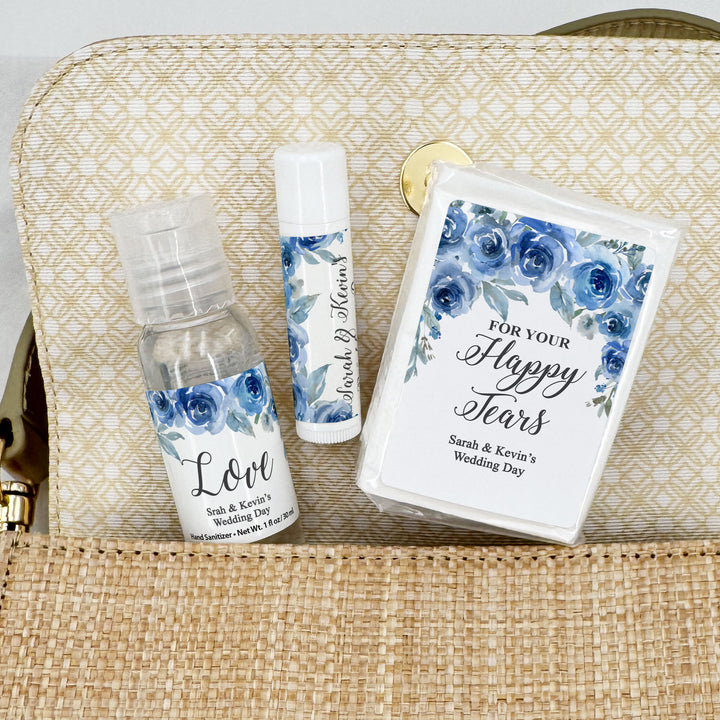 Personalized Wedding Guest Tissues, Happy Tears, Blue Floral, Pocket Size Tissue Packs