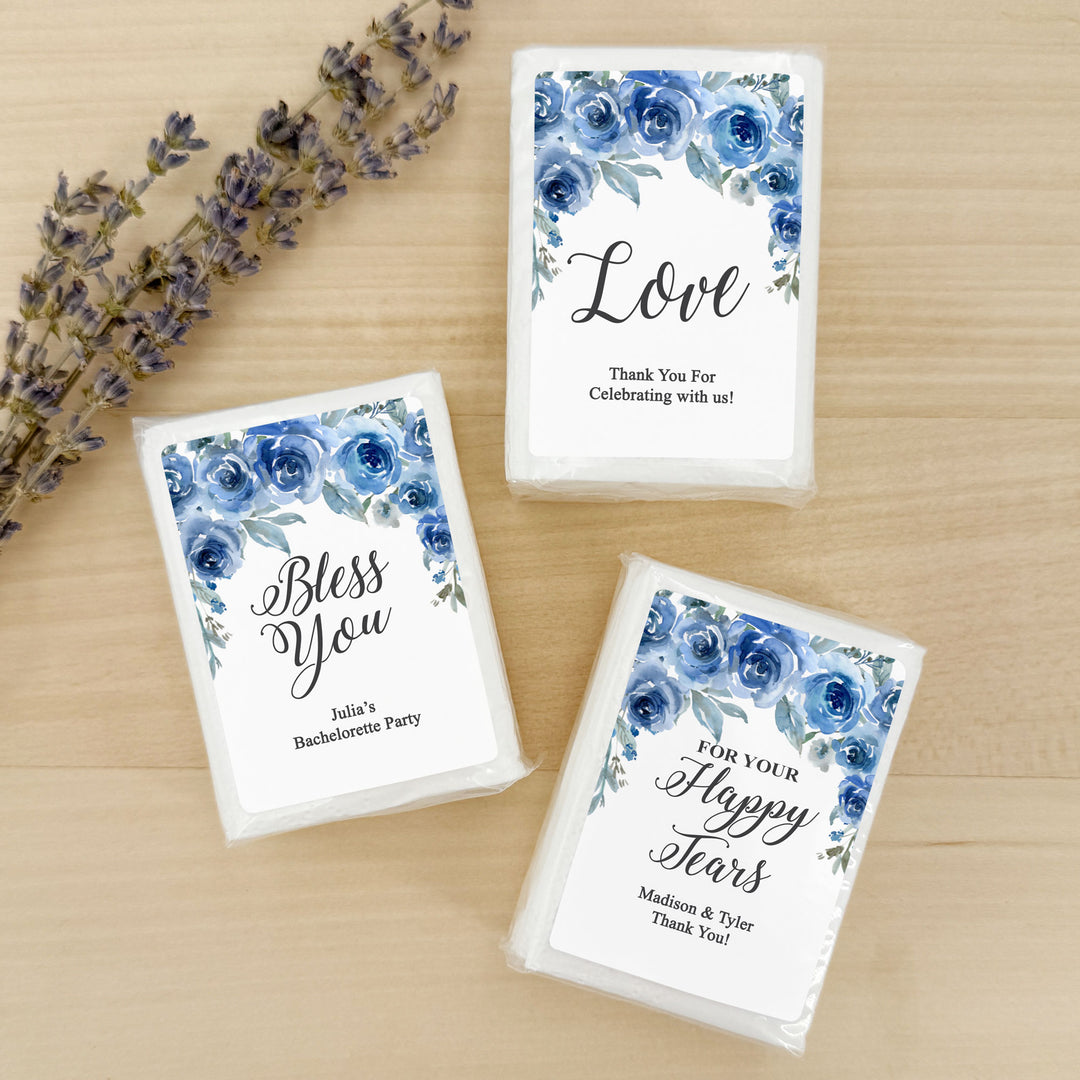 Personalized Wedding Guest Tissues, Happy Tears, Blue Floral, Pocket Size Tissue Packs