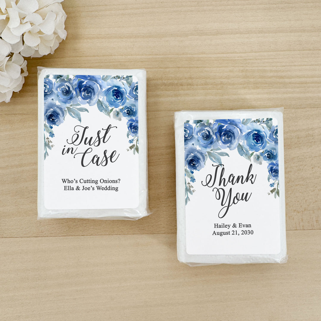 Personalized Wedding Guest Tissues, Happy Tears, Blue Floral, Pocket Size Tissue Packs