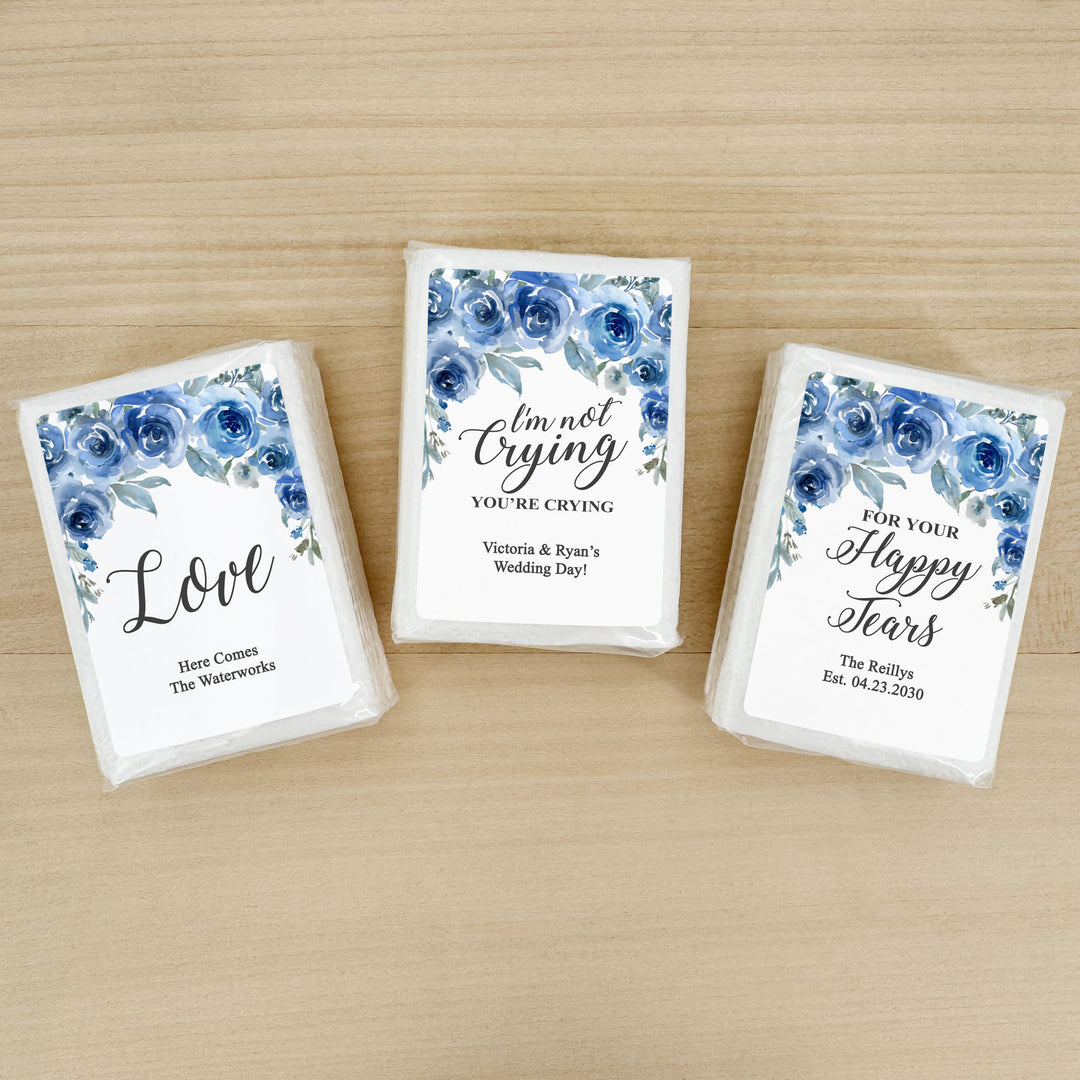 Personalized Wedding Guest Tissues, Happy Tears, Blue Floral, Pocket Size Tissue Packs