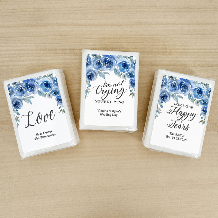 Personalized Wedding Guest Tissues, Happy Tears, Blue Floral, Pocket Size Tissue Packs