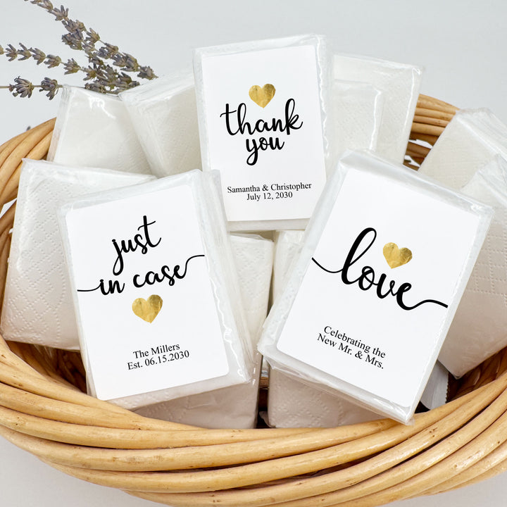 Personalized Wedding Guest Tissues, Happy Tears, Gold Heart Design, Pocket Size Tissue Packs