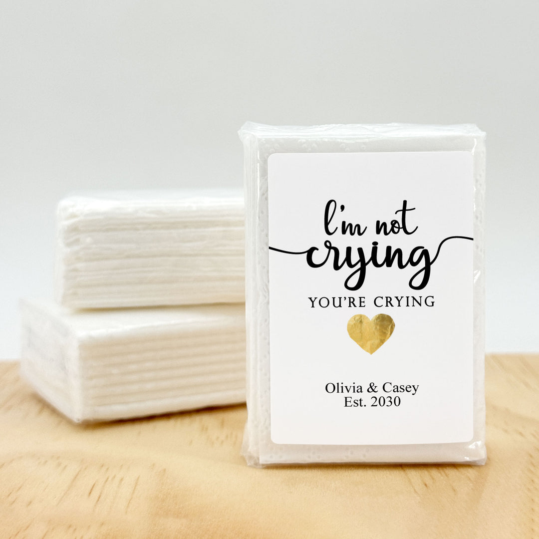 Personalized Wedding Guest Tissues, Happy Tears, Gold Heart Design, Pocket Size Tissue Packs