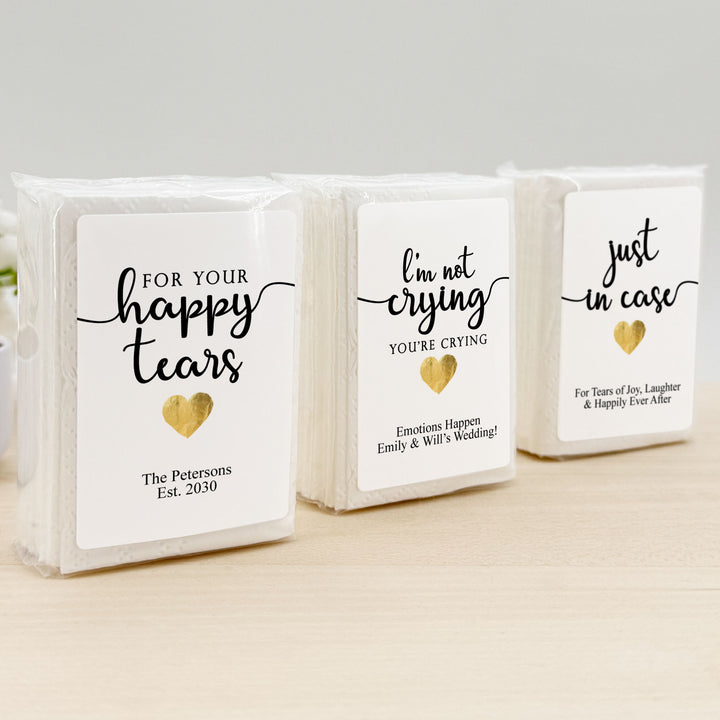 Personalized Wedding Guest Tissues, Happy Tears, Gold Heart Design, Pocket Size Tissue Packs