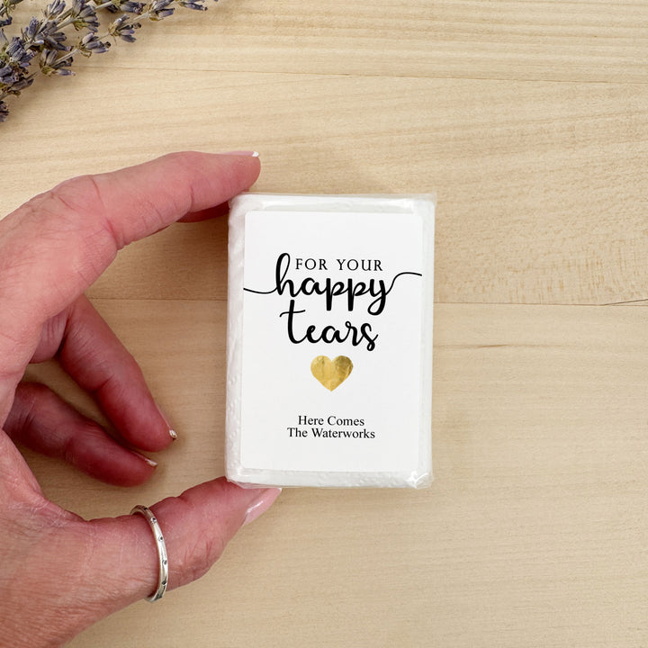 Personalized Wedding Guest Tissues, Happy Tears, Gold Heart Design, Pocket Size Tissue Packs