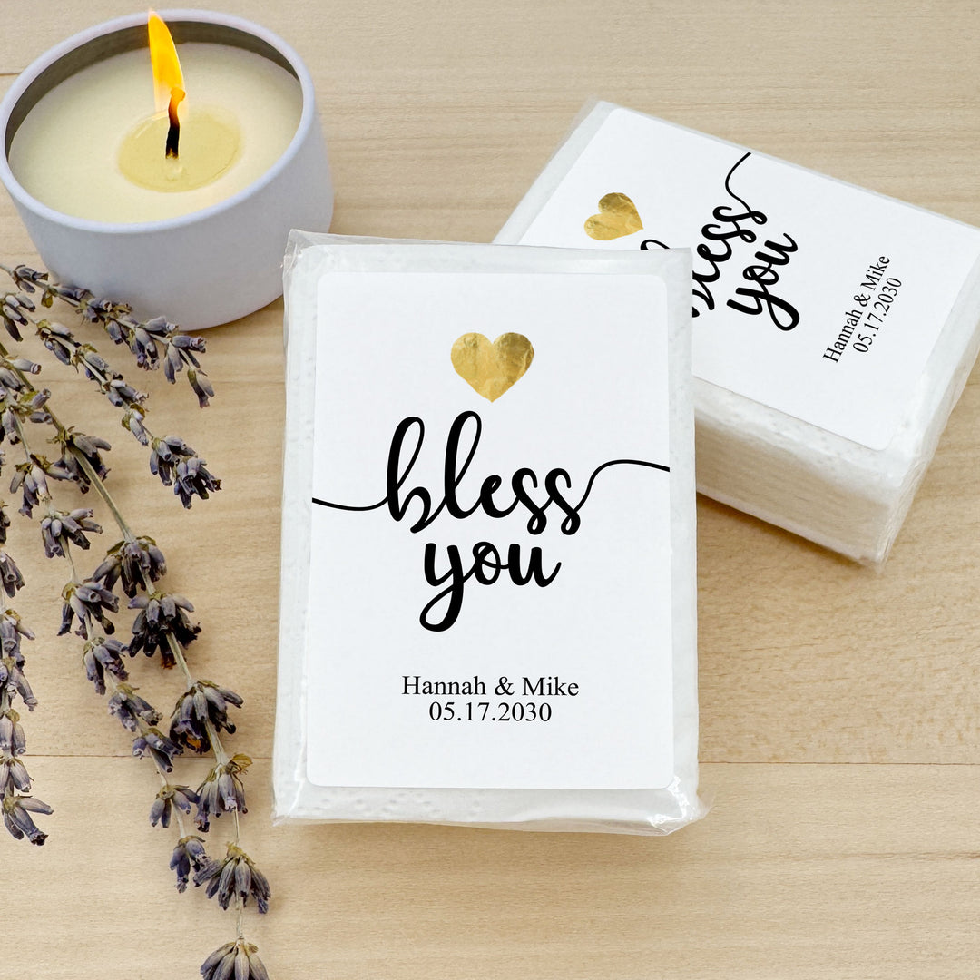 Personalized Wedding Guest Tissues, Happy Tears, Gold Heart Design, Pocket Size Tissue Packs