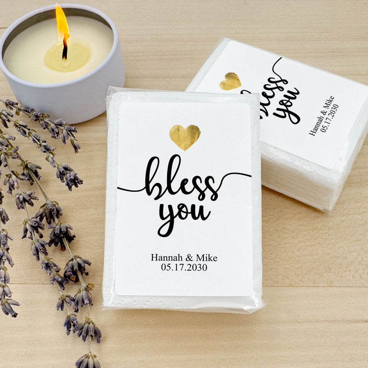 Personalized Wedding Guest Tissues, Happy Tears, Gold Heart Design, Pocket Size Tissue Packs