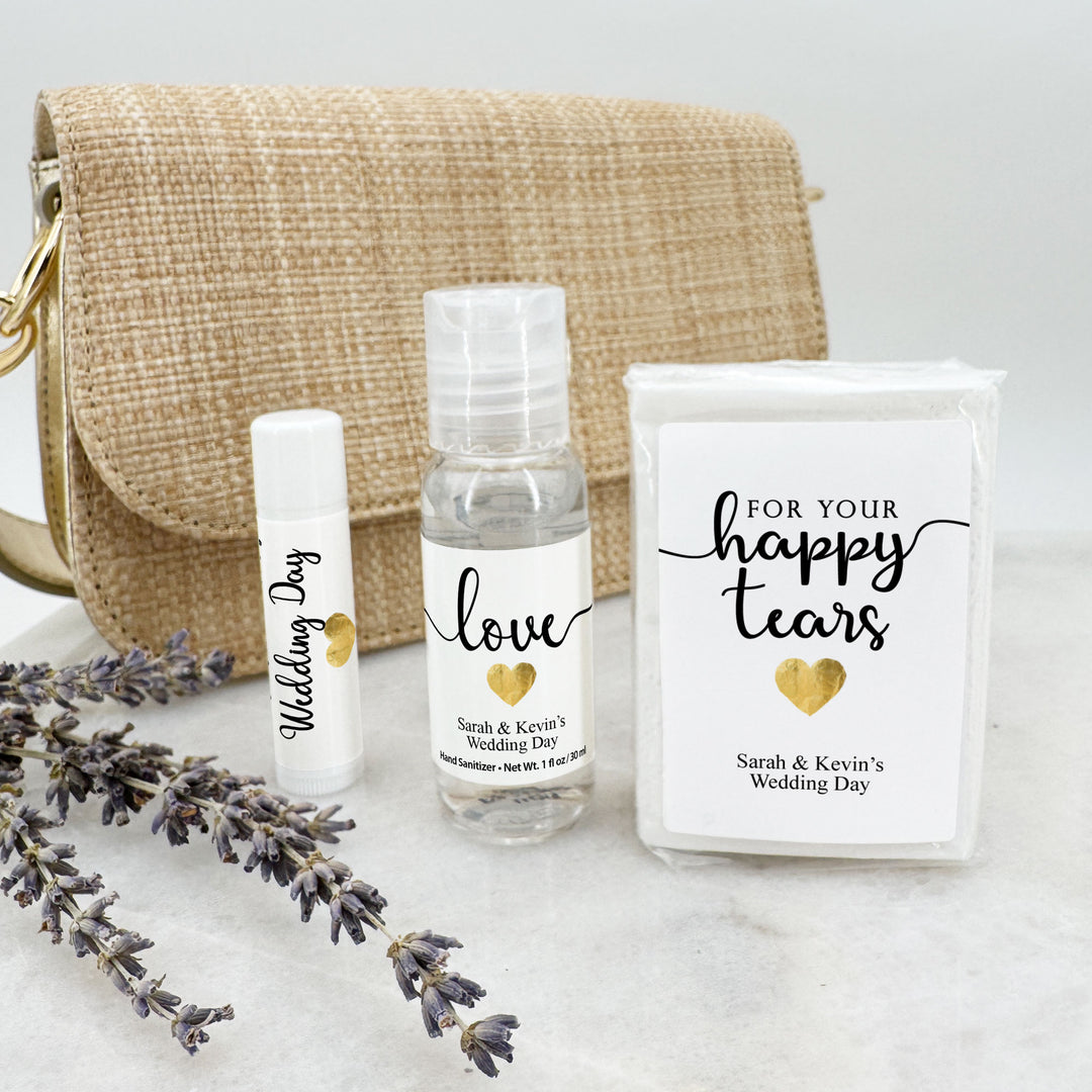 Personalized Wedding Guest Tissues, Happy Tears, Gold Heart Design, Pocket Size Tissue Packs