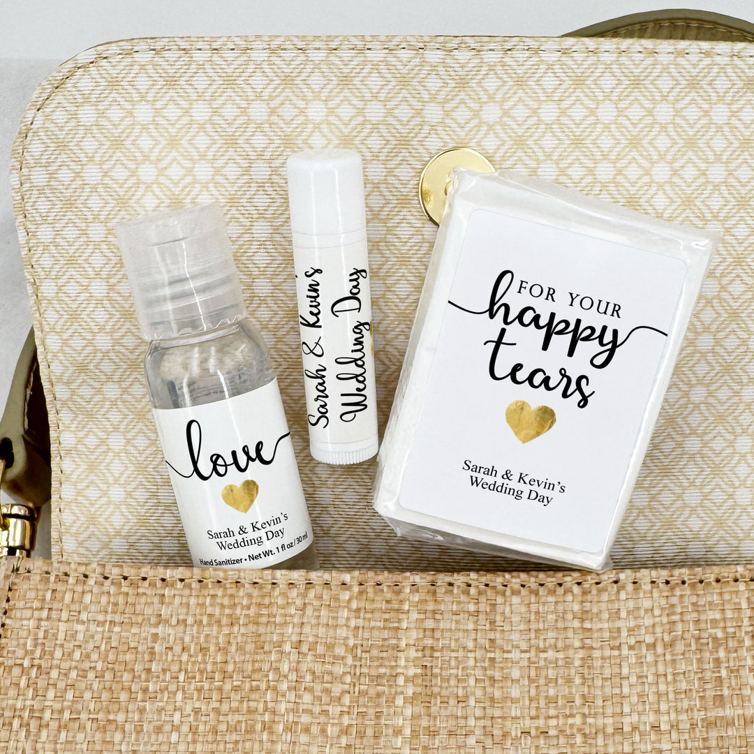 Personalized Wedding Guest Tissues, Happy Tears, Gold Heart Design, Pocket Size Tissue Packs