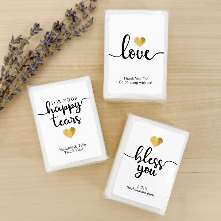 Personalized Wedding Guest Tissues, Happy Tears, Gold Heart Design, Pocket Size Tissue Packs