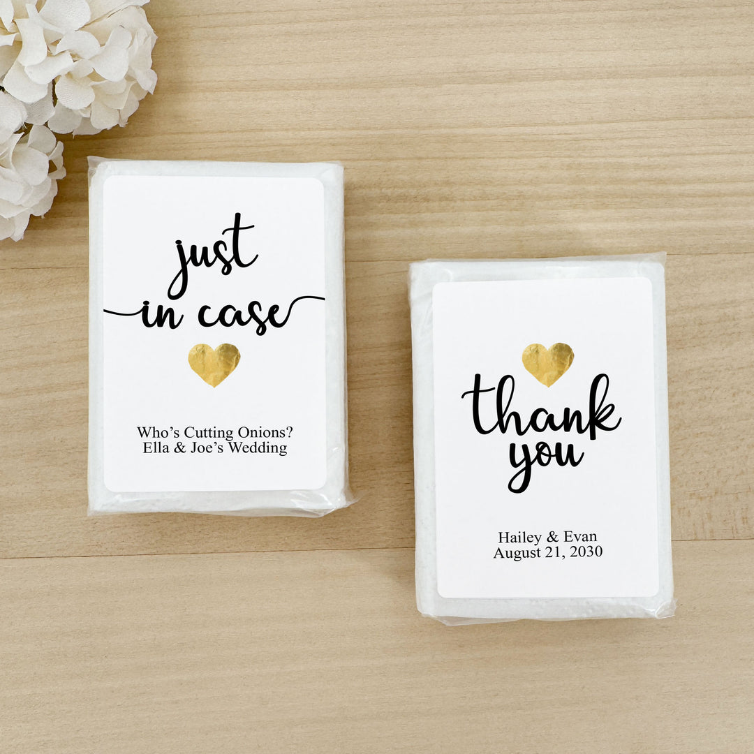 Personalized Wedding Guest Tissues, Happy Tears, Gold Heart Design, Pocket Size Tissue Packs