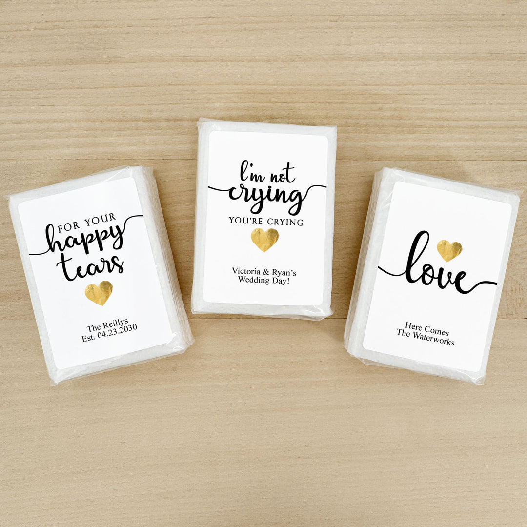 Personalized Wedding Guest Tissues, Happy Tears, Gold Heart Design, Pocket Size Tissue Packs