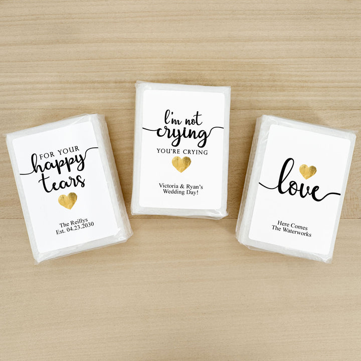 Personalized Wedding Guest Tissues, Happy Tears, Gold Heart Design, Pocket Size Tissue Packs