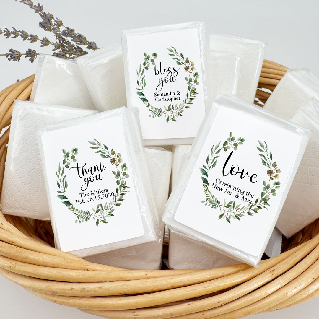 Personalized Wedding Guest Tissues, Happy Tears, Greenery Wreath, Pocket Size Tissue Packs