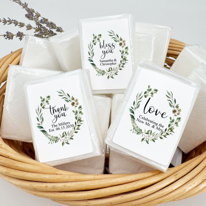 Personalized Wedding Guest Tissues, Happy Tears, Greenery Wreath, Pocket Size Tissue Packs