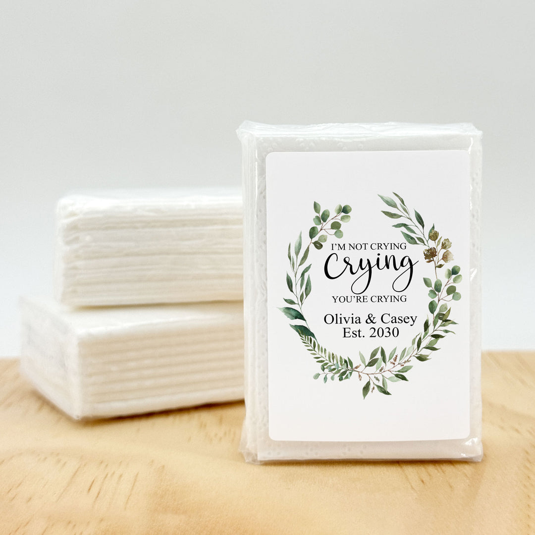 Personalized Wedding Guest Tissues, Happy Tears, Greenery Wreath, Pocket Size Tissue Packs